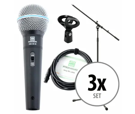 Pronomic DM-58-B Vocal Mikrofon Starter Set 3x Mikro, XLR Kabel, Klemme, Stativ A Buon Prezzo