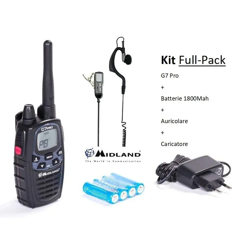 Spedizione Espresso KIT FULL PACK MIDLAND G7 PRO NERO + AURICOLARE + BATTERIE + CARICATORE SOFT AIR RADIO
