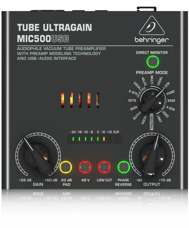 BEHRINGER MIC500-USB TUBE ULTRAGAIN PREAMPLIFICATORE MICROFONICO VALVOLARE LIMITER 16 PRESET INTERFACCIA AUDIO USB Sconto