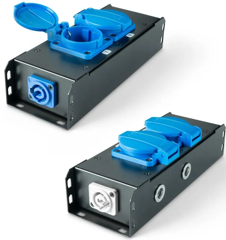 POWERBOX NERO CIABATTA ALIMENTAZIONE PALCO POWERCON INGRESSO POWER TWIST IN BLU USCITE 2 SCHUKO OUT LOOP 20A POWER-OUT GRIGIO Nuova Collezione