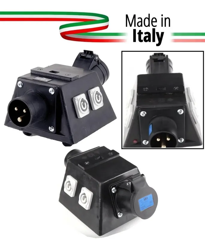 POWER-BOX NERO SPLITTER PALCO/TRUSS CIABATTA ALIMENTAZIONE MADE IN ITALY SPIA RETE INGRESSO SPINA 16A 3P USCITE 4 POWERCON 20A 3P 1 PRESA CEE 16A 3P LOOP Di Tendenza