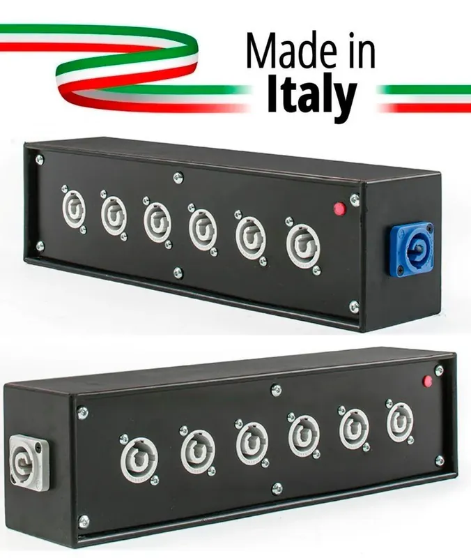 Ultima Occasione POWER-BOX NERO CIABATTA ALIMENTAZIONE PALCO POWERCON MADE IN ITALY SPIA RETE INGRESSO 16A 3P USCITE 6 20AMP POWER-OUT GREY LOOP 20A POWER-OUT
