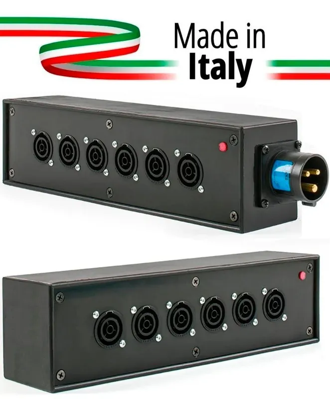 Reso Gratuito POWER-BOX NERO CIABATTA ALIMENTAZIONE PALCO POWERCON MADE IN ITALY SPIA RETE INGRESSO 16A 3P USCITE 6 POWERCON TRUE1 16A