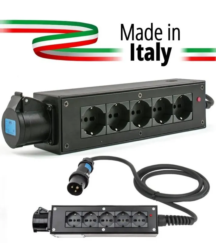 POWERBOX NERO CIABATTA ALIMENTAZIONE PALCO MADE IN ITALY SPIA RETE INGRESSO SPINA VOLANTE 16A 3P 5-USCITE SHUKO E PRESA LOOP OUT 16A Prezzo Conveniente