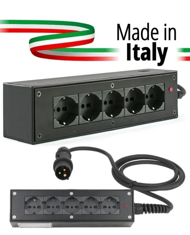 POWERBOX NERO CIABATTA ALIMENTAZIONE PALCO MADE IN ITALY SPIA RETE INGRESSO SPINA VOLANTE PCE 16A 3P+N+T USCITE 5 X SCHUKO 16A 3P IP2X Promo Stagionale