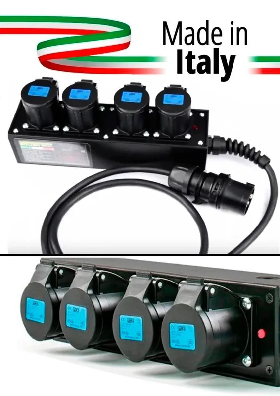 POWERBOX NERO CIABATTA ALIMENTAZIONE PALCO MADE IN ITALY SPIA RETE INGRESSO SPINA VOLANTE 16A 3P+N+T USCITE 4 X 16A Ultima Occasione