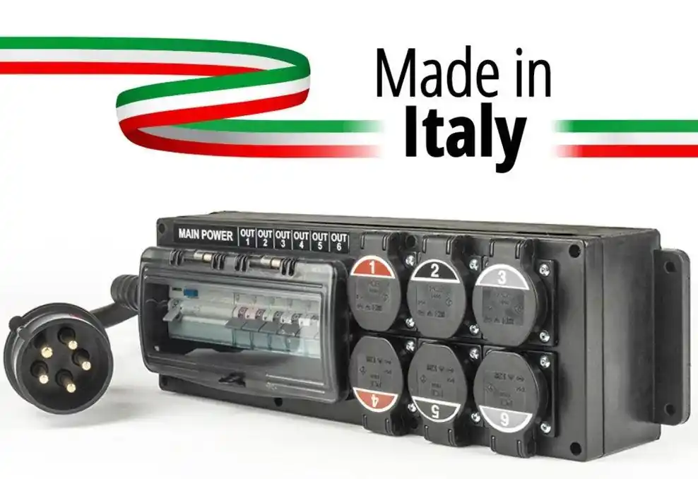 POWER-BOX SPINA 32A 5P 3P+N+T IN MASCHIO 6 USCITE PRESA SCHUKO 16A 3P IP54 - DOPPIA PROTEZIONE RCCB 40A + 6 MCB Nuovo Arrivo