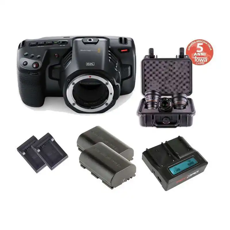 Must-Have KIT 5 Pocket Cinema Camera 4K Blackmagic + Kit alimentazione Hedbox + 6 Ottiche Samyang Video MK II+ Hard Case