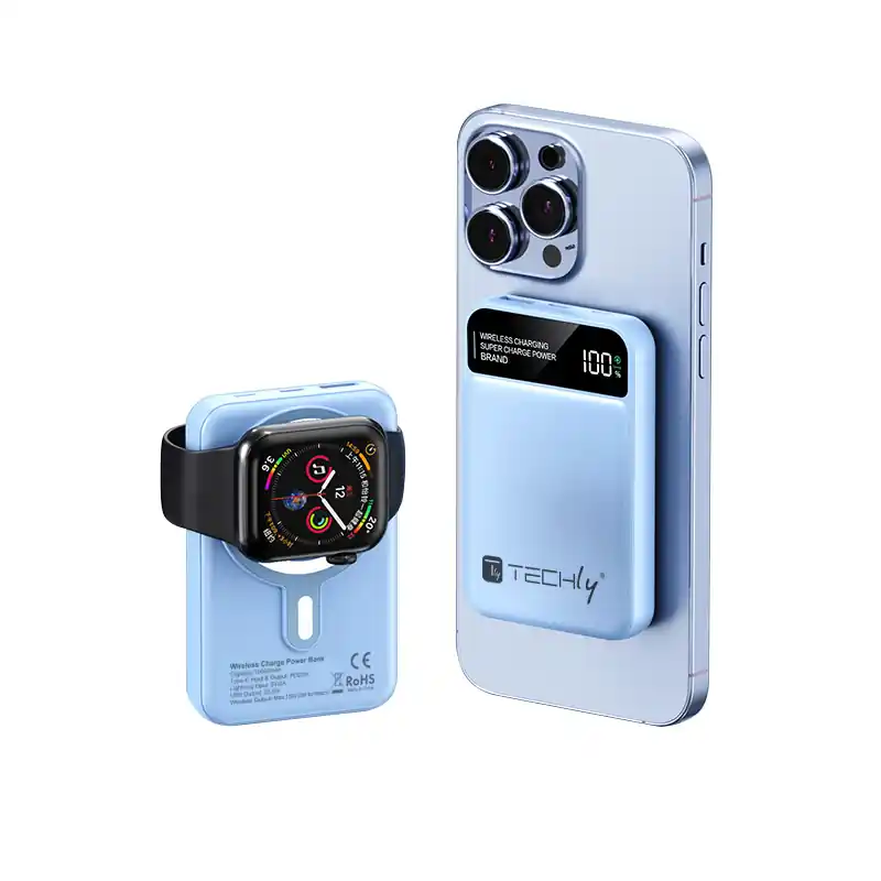 Pagamento Sicuro Power Bank Wireless Magnetico 3 in 1 con LED 10.000 mAh 22,5W Azzurro