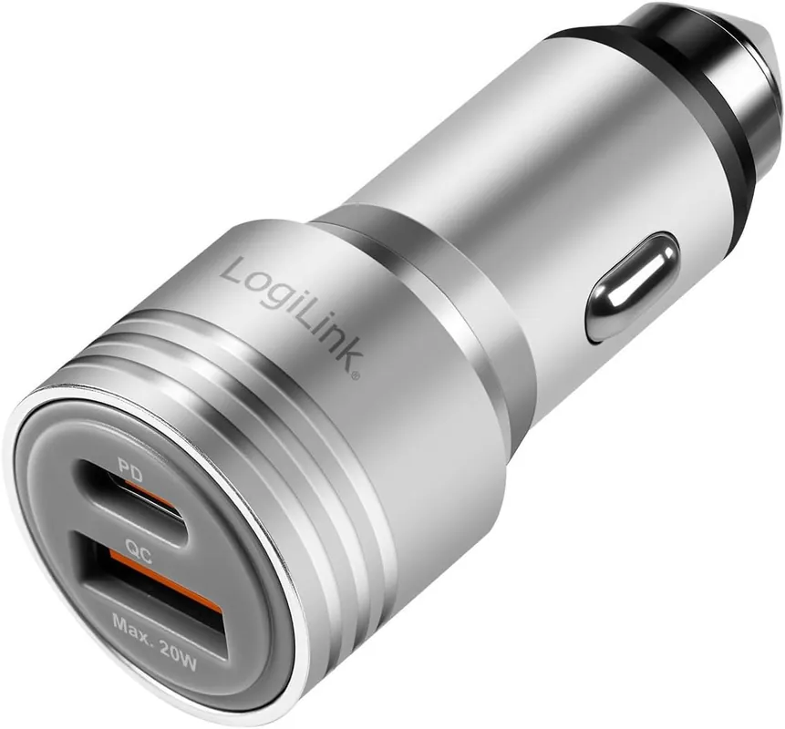 Caricabatteria da Auto con Doppia Porta USB, 20W, USB-A (QC), USB-C™ (PD), Argento Di Tendenza
